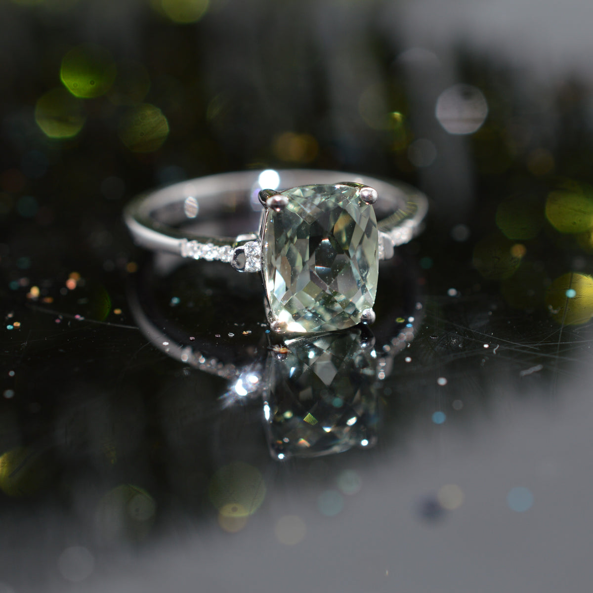 14K White Gold Checkerboard Cushion Cut Green Amethyst And Diamond Ring