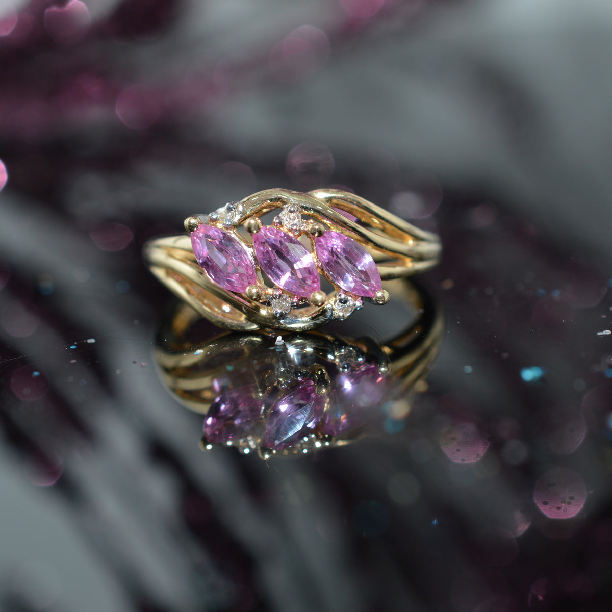 14K Yellow Gold Ring With 3 Created Marquise Pink Sapphires And Diamonds