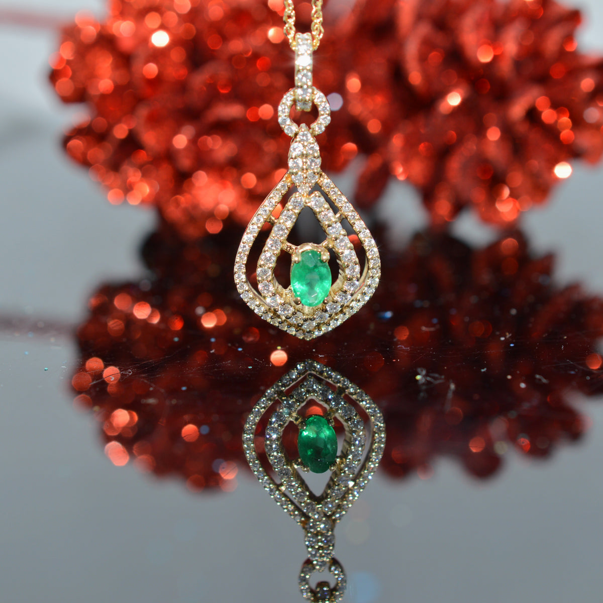 14K Yellow Gold Genuine Emerald And Diamond Pendant With Chain