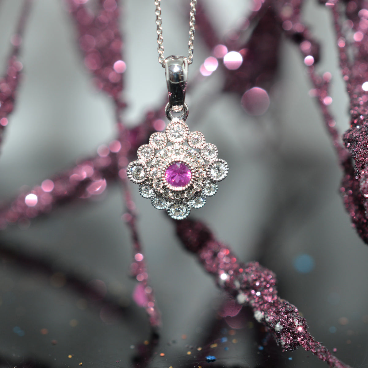 14K White Gold Round Ruby And Diamond Cluster Pendant With Chain