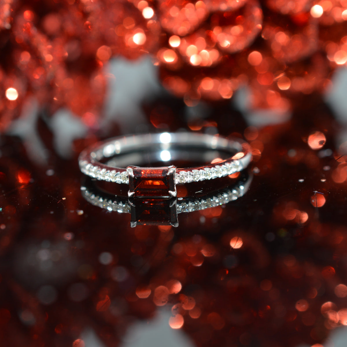 10K White Gold Sideways Set Emerald-Cut Garnet And Diamond Stackable Ring