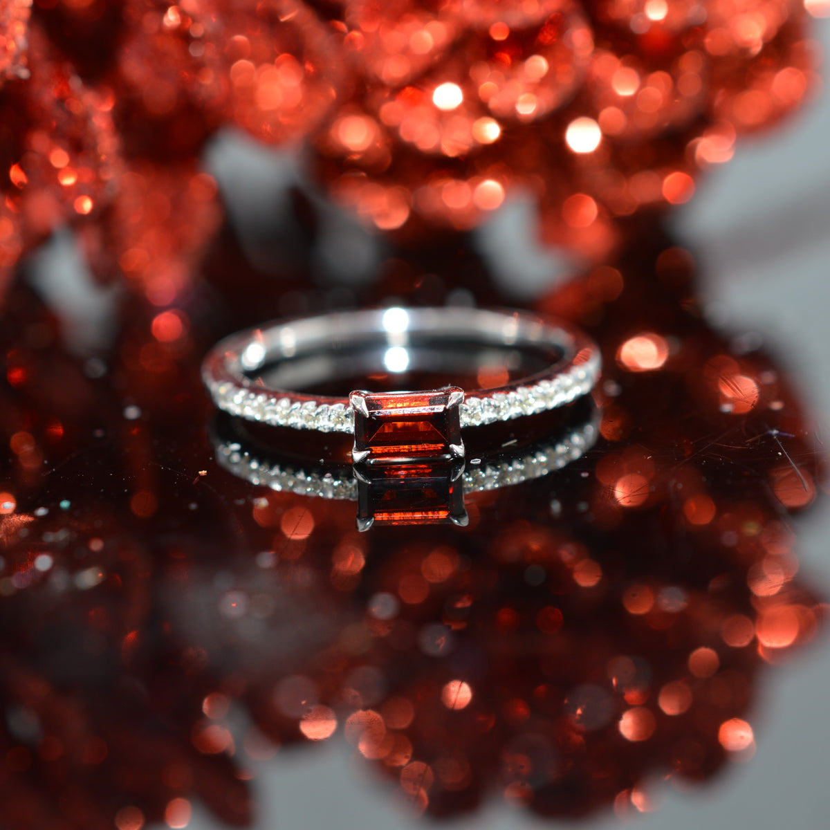 10K White Gold Sideways Set Emerald-Cut Garnet And Diamond Stackable Ring