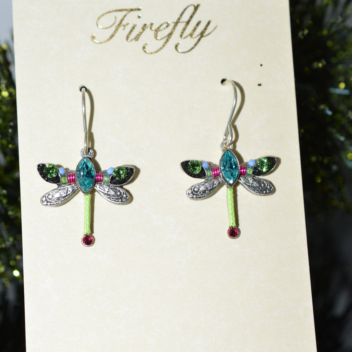 Antique Silver Plated Petite Dragonfly Crystal Earrings by Firefly