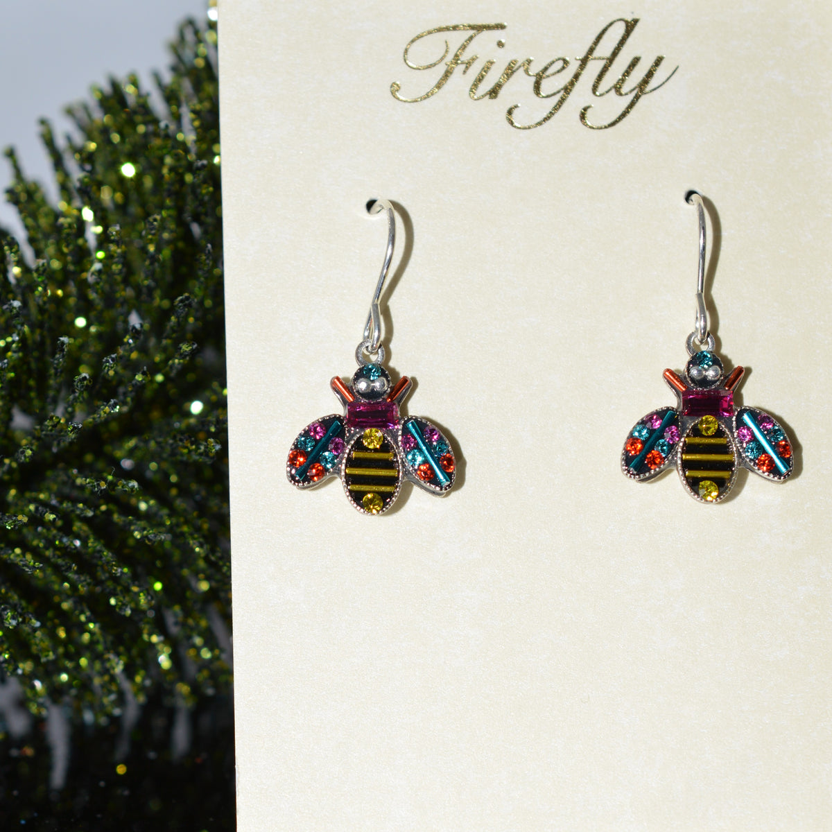 Antique Silver Plated Queen Bee Earrings With Multicolor Crystals by Firefly