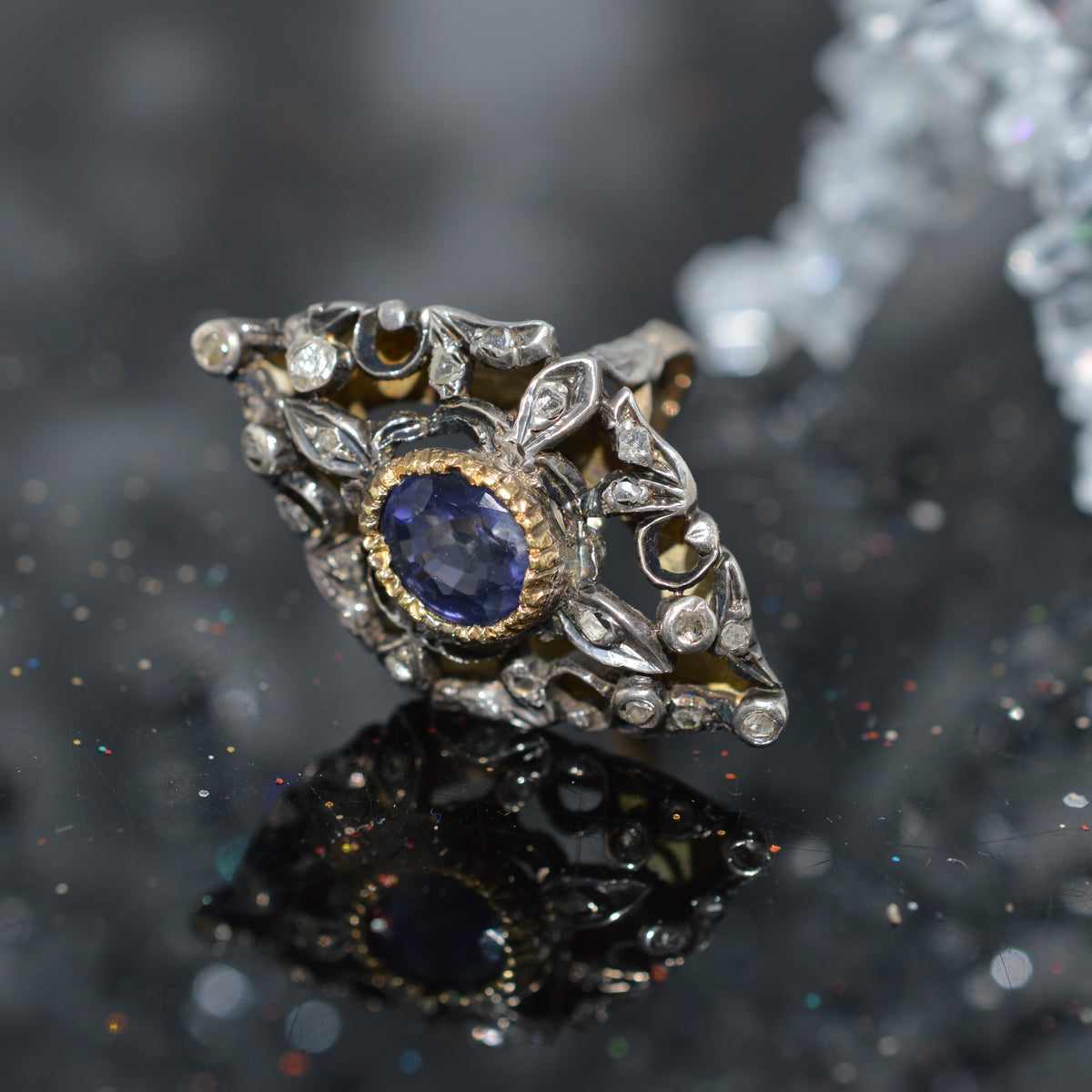 Antique Georgian Silver Topped 14K Gold Iolite And Diamond Ring