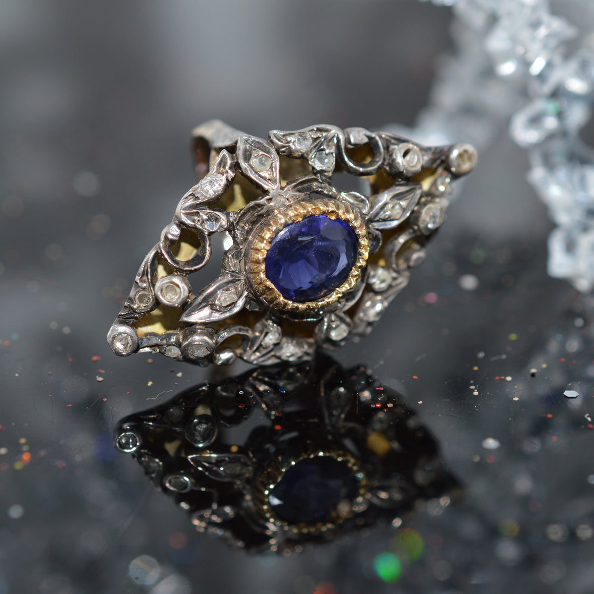 Antique Georgian Silver Topped 14K Gold Iolite And Diamond Ring