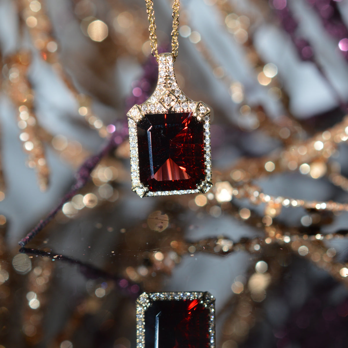 14K Yellow Gold Fantasy Cut Octagonal Garnet And Diamond Pendant With Chain