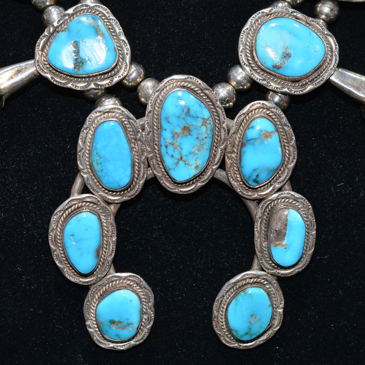 Sterling Silver Native American Squash Blossom Necklace With Turquoise