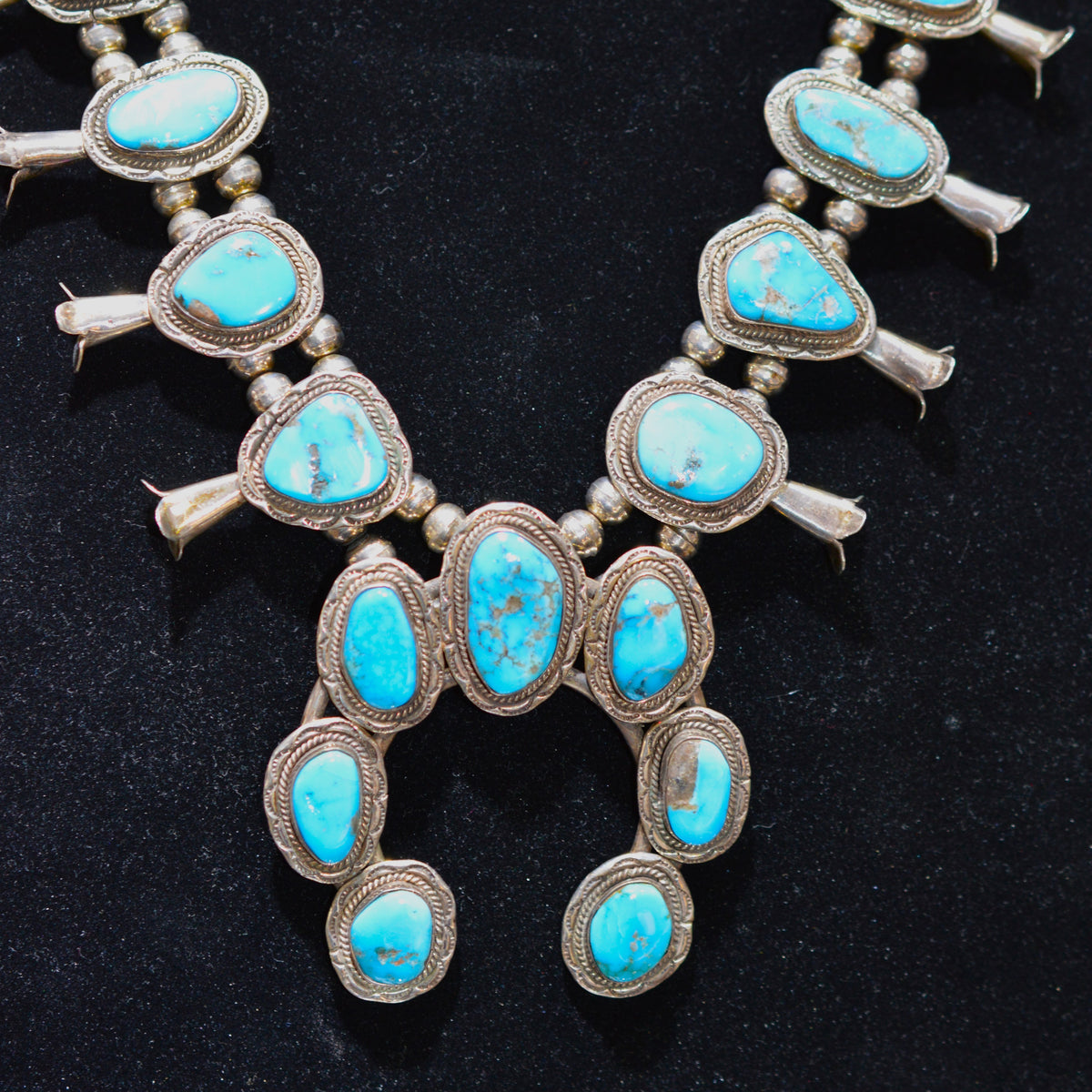 Sterling Silver Native American Squash Blossom Necklace With Turquoise