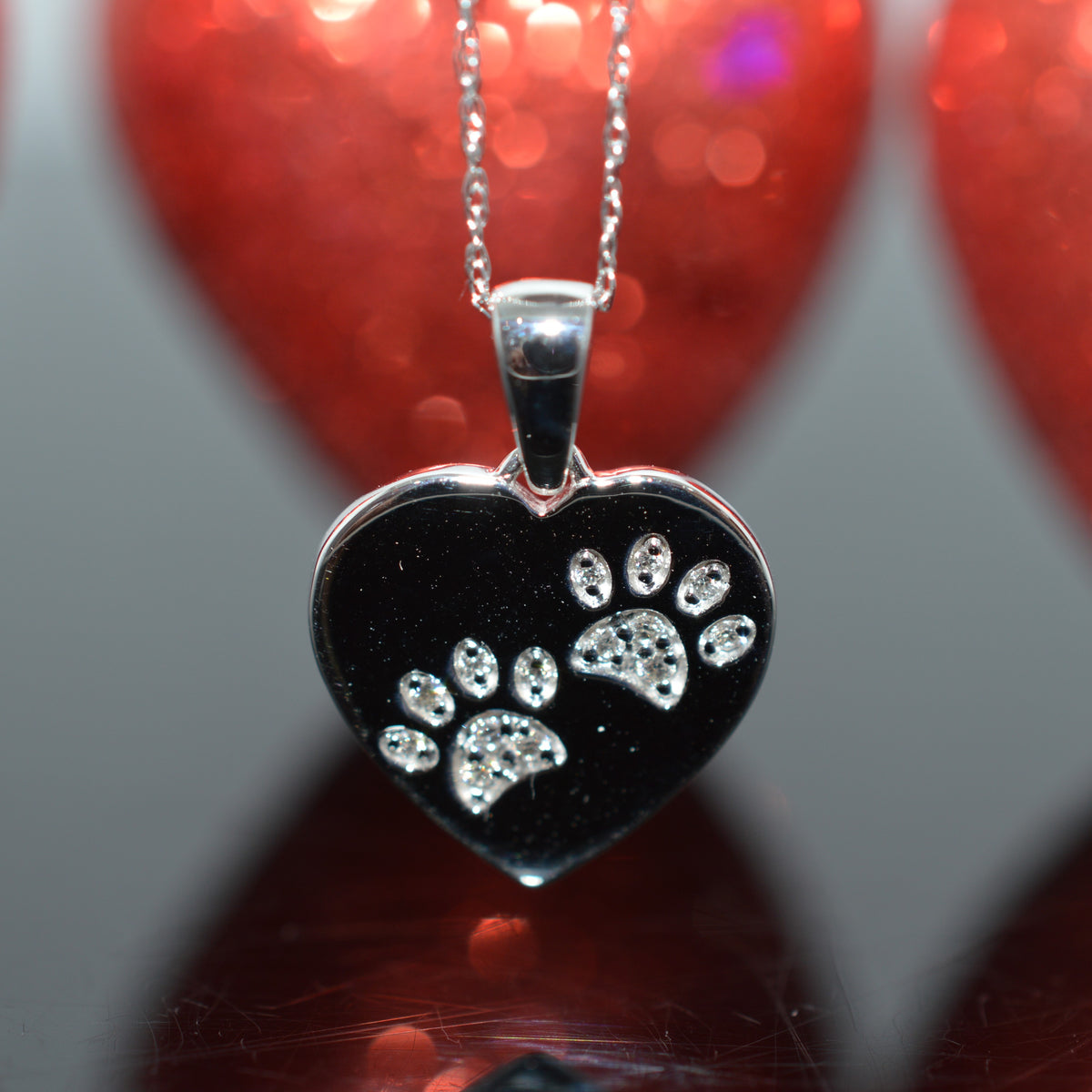 14K White Gold Diamond Paw Print Heart Pendant On 18&quot; Chain