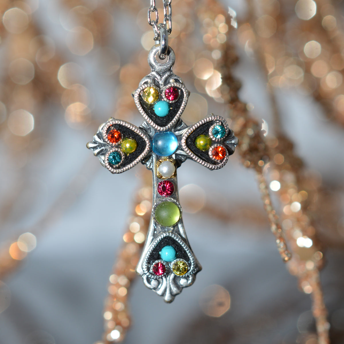 Antique Silver Plated Medium Multi-Color Crystal Cross Pendant by Firefly