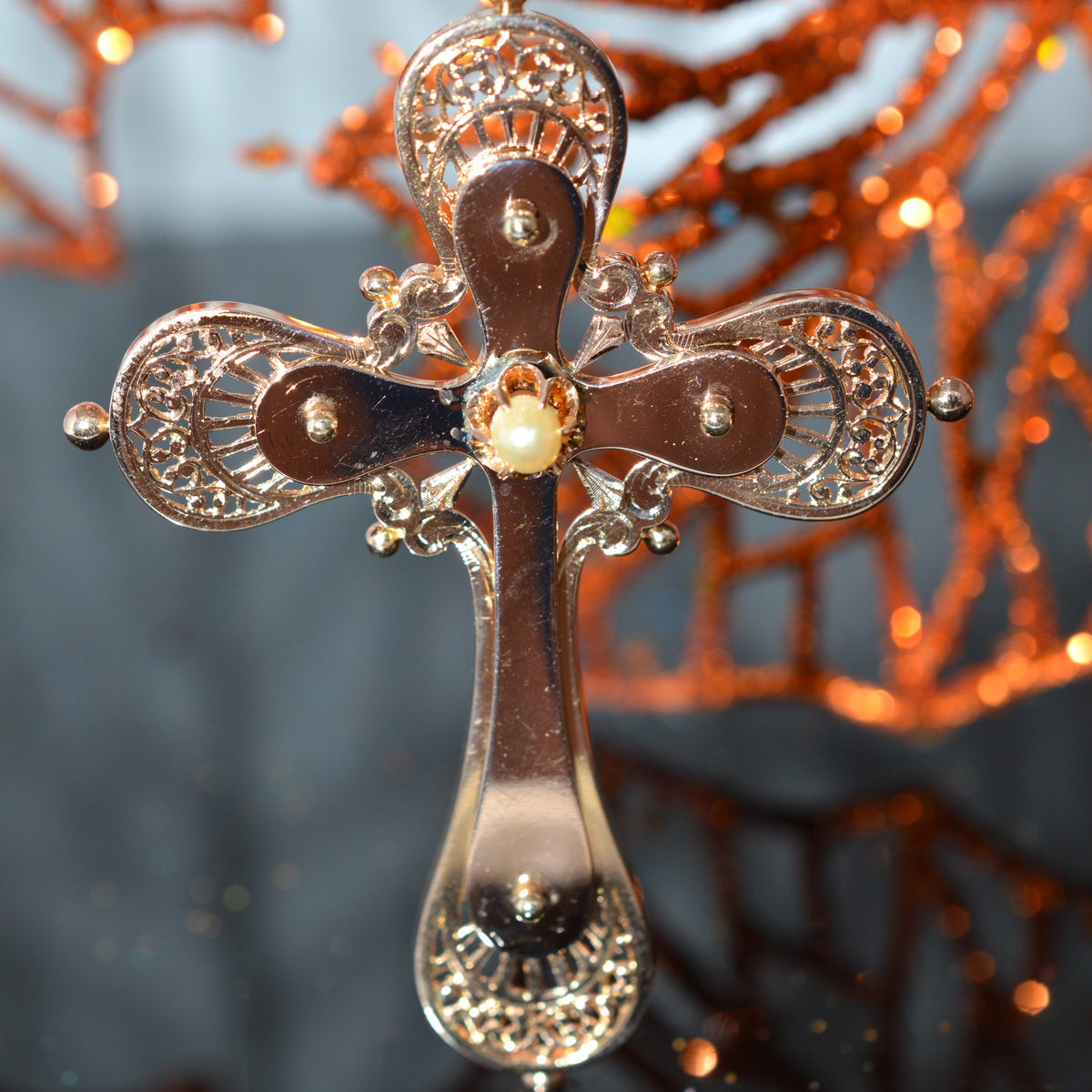 Antique 18K Rose Gold 3 Inch Long Cross Pendant With Pearl