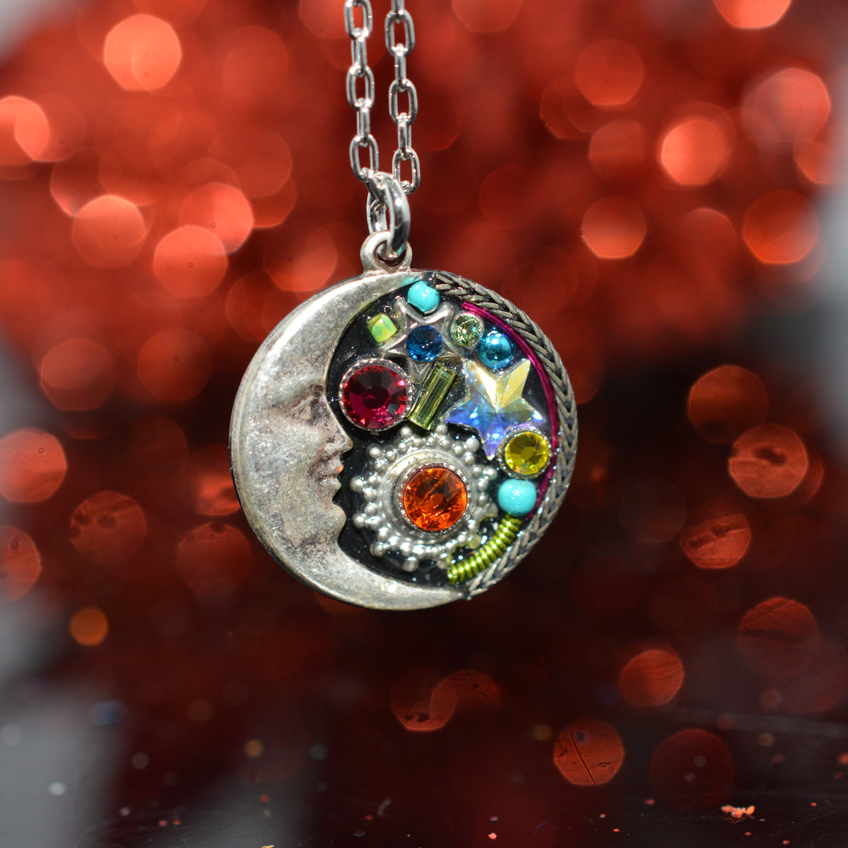 Antique Silver Plated Moon &amp; Stars Crystal Pendant by Firefly