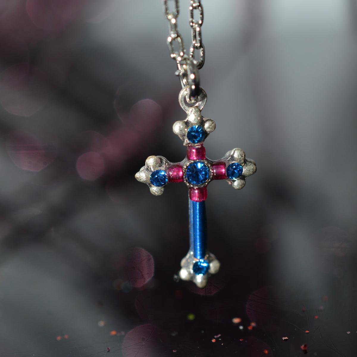 Antique Silver Plated Dainty Bermuda Blue Crystal Cross Pendant by Firefly