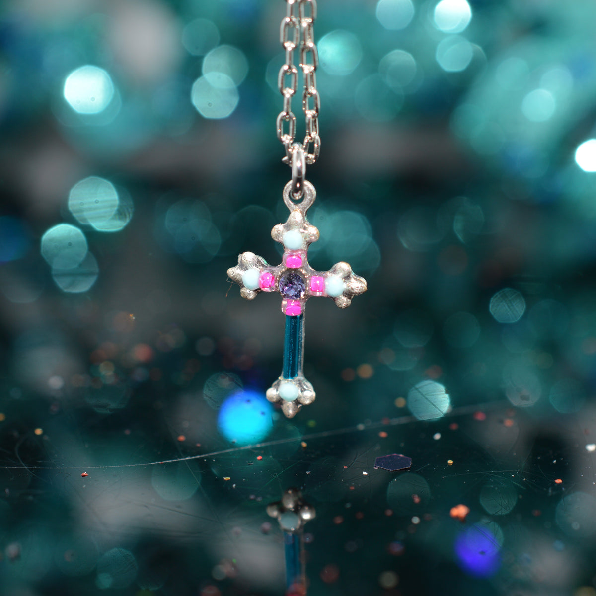 Antique Silver Plated Dainty Turquoise Crystal Cross Pendant by Firefly