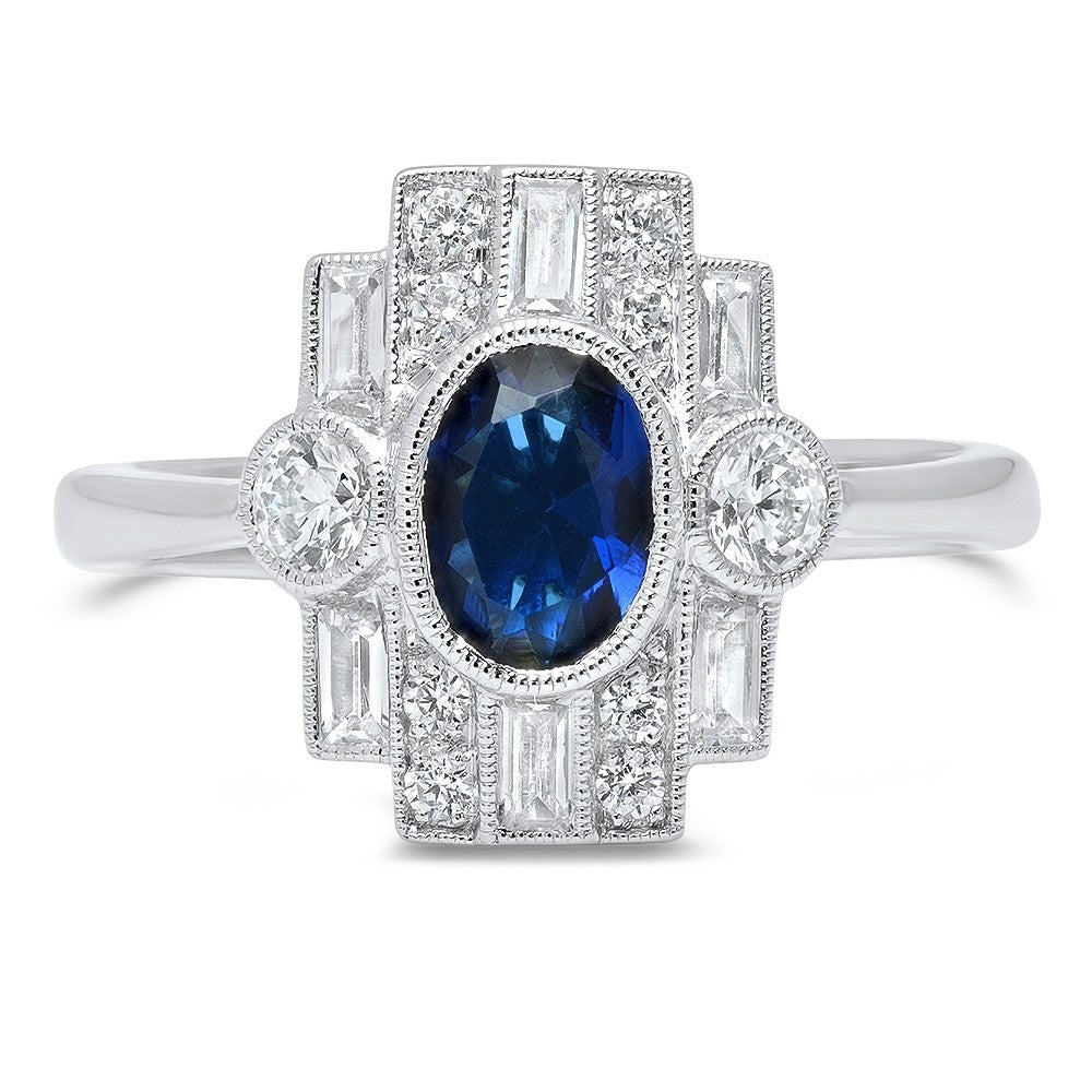 Ladies Art Deco 14K White Gold Diamond And Sapphire Ring - Howard's DC